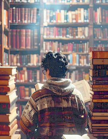 Firefly_una persona leyendo vista de espaldas, al lado fila de libros apilados, detrás se ve  556303.jpg