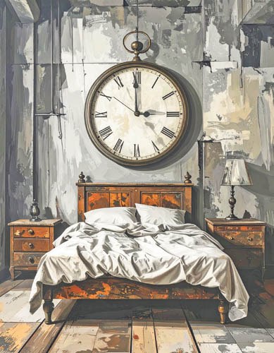 Firefly_ilustracio cubista una cama vieja en una habitacion gris, atrás un reloj que marca la 911597.jpg